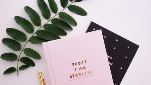Aesthetic Grateful Journal and Leaf Still Life 4K Desktop Wallpaper