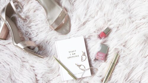 Elegant Feminine Aesthetic Desktop Wallpaper with Gratitude Journal and Heels 4K Wallpaper