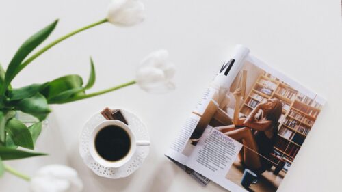 Minimalist Coffee Morning with Magazine and Tulips Desktop Wallpaper