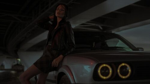 Edgy Girl Leaning on Vintage BMW E30 at Night 4K Wallpaper