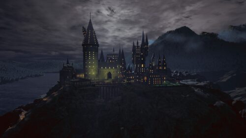 Magical Harry Potter Hogwarts Castle at Night Atmospheric Fantasy Landscape 4K Desktop Wallpaper