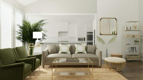 Modern Living Room with Olive Green Chairs and Minimalist Decor 4K Wallpaper