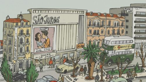 Retro Lisbon City Street Illustration Art Desktop Wallpaper