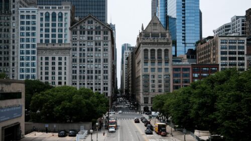 Chicago Urban Streetscape Between Historic Buildings 4K Desktop Wallpaper