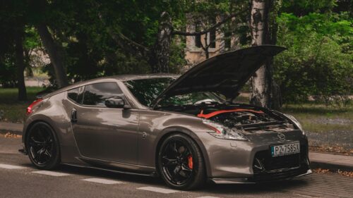 Modified Nissan 370Z Sports Car with Open Hood 4K Wallpaper