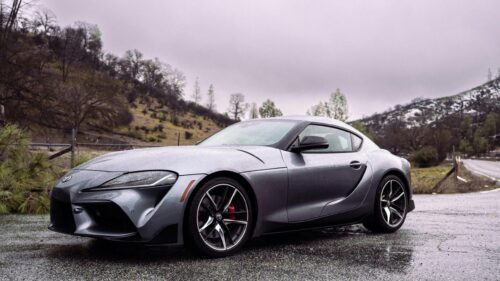 Silver Toyota Supra Sports Car Rainy Mountain Road 4K Desktop Wallpaper