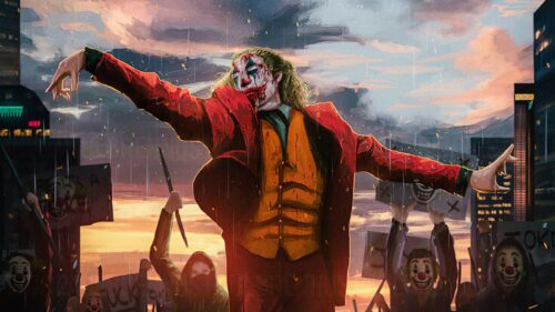 Dark Cinematic Joker Smiling in Gotham City Streets 4K Desktop Wallpaper