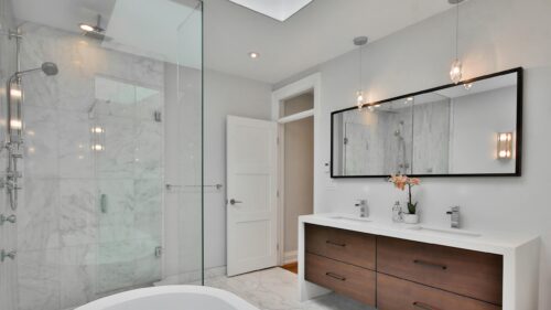 Luxury Modern Bathroom Interior with Marble Tile 4K Desktop Wallpaper