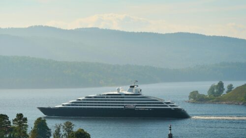 Stunning Luxury Cruise Ship Sailing Through Norwegian Fjords 4K Wallpaper