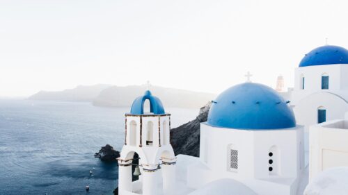 Iconic Santorini Blue Dome Church in Greece 4K Wallpaper
