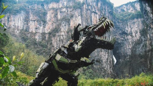 Mechanical T-Rex Sculpture in Wulong Karst Landscape 4K Desktop Wallpaper