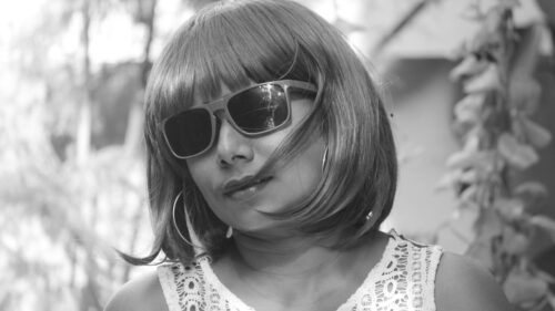 Stylish Woman in Bob Haircut and Sunglasses Portrait Desktop Wallpaper