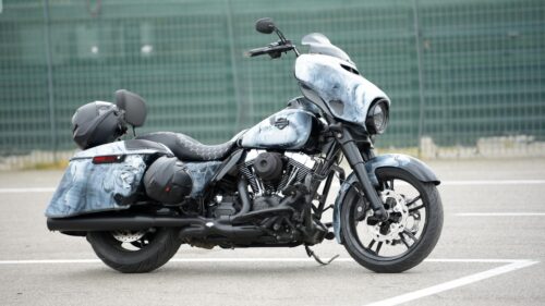 Custom Harley-Davidson Bagger with Unique Marble Paint 4K Wallpaper
