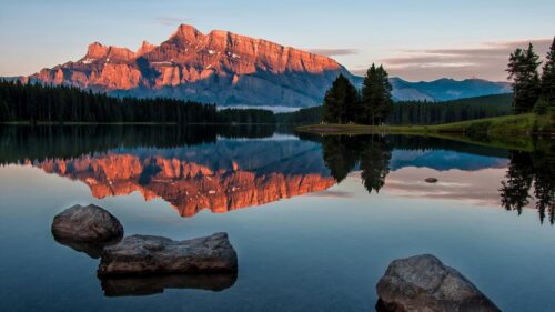 Mount Rundle Reflection at Sunrise Landscape Desktop Wallpaper