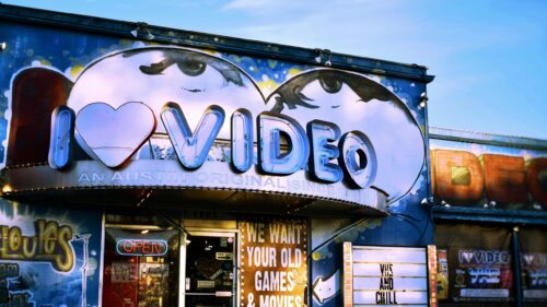 I Love Video Austin Retro Sign Neon Night 4K Wallpaper