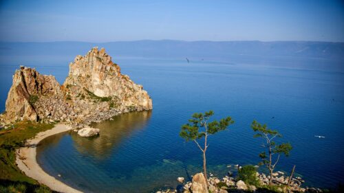 Stunning Shamanka Rock at Lake Baikal Russia Desktop Wallpaper