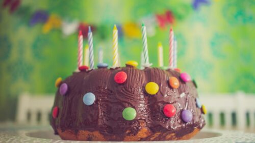 Delicious Chocolate Birthday Cake with Colorful Candies 4K Desktop Wallpaper