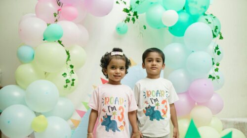 Cute Twins Celebrating 3rd Birthday Dinosaur Party Desktop Wallpaper
