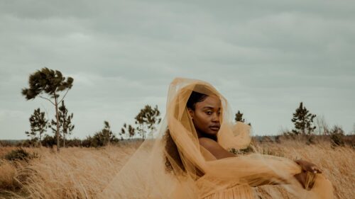 Elegant Woman in Golden Veil Amidst Golden Grass 4K Desktop Wallpaper