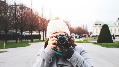 Woman Photographer with Nikon Camera in Winter Park Desktop Wallpaper