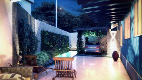 Modern Luxury Home Courtyard at Night 4K Desktop Wallpaper