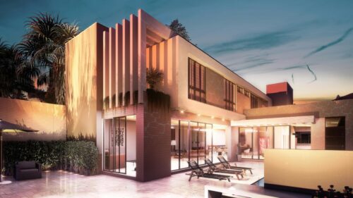 Modern Luxury Villa with Pool at Sunset 4K Desktop Wallpaper