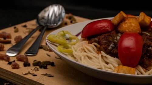 Delicious Spaghetti with Roasted Vegetables and Tomatoes 4K Wallpaper