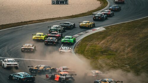 High-Octane GT3 Racing Collision on Track 4K Wallpaper
