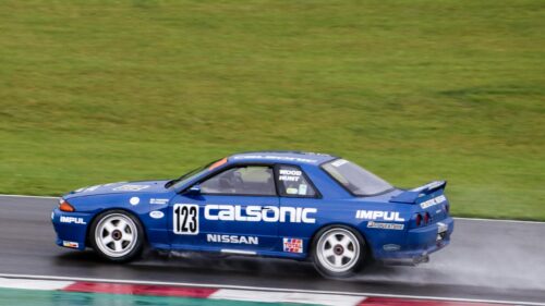 Classic Blue Calsonic Nissan Skyline GT-R Racing on Track 4K Wallpaper