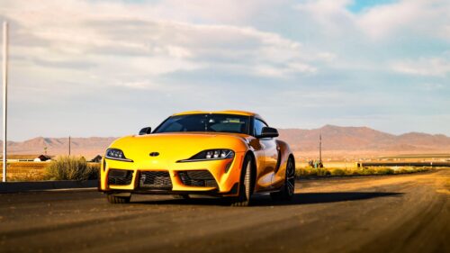 Yellow Toyota Supra Sports Car Desert Sunset 4K Desktop Wallpaper