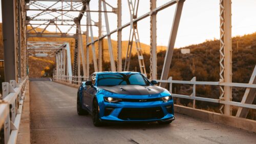 Blue Chevrolet Camaro SS Sports Car on Desert Bridge 4K Desktop Wallpaper