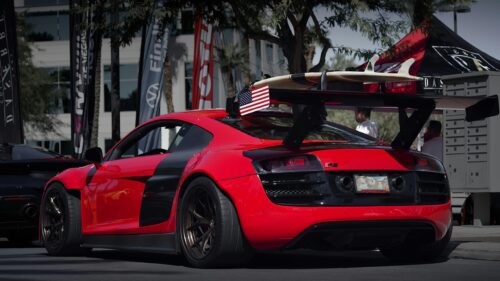 Custom Red Audi R8 Supercar with Surfboard 4K Desktop Wallpaper