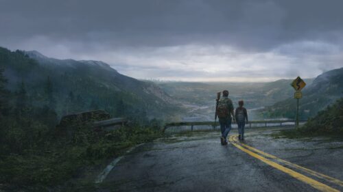 Joel and Ellie Walking Through Overgrown Post Apocalyptic City The Last of Us 4K Desktop Wallpaper