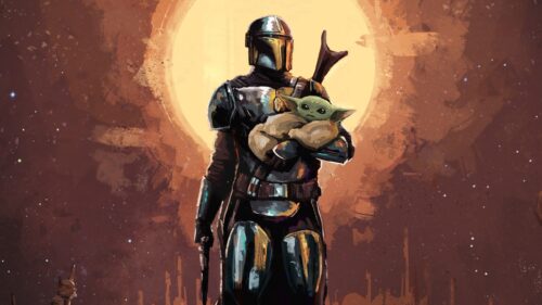 Cinematic The Mandalorian Standing on Desert Planet Surface 4K Desktop Wallpaper