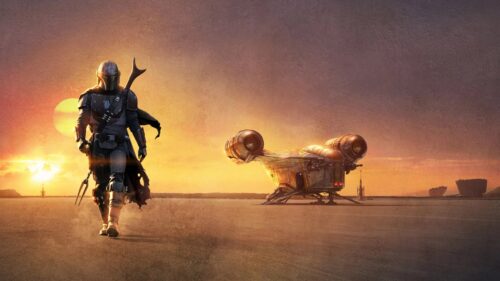 Cinematic The Mandalorian Standing on Desert Planet Surface 4K Desktop Wallpaper