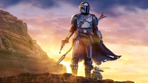 Cinematic The Mandalorian Standing on Desert Planet Surface 4K Desktop Wallpaper