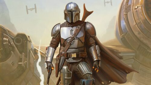 Cinematic The Mandalorian Standing on Desert Planet High Definition Desktop Wallpaper