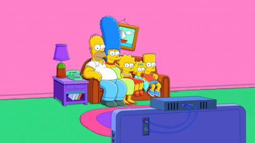 Iconic The Simpsons Family Sitting on Couch High Definition Desktop Wallpaper