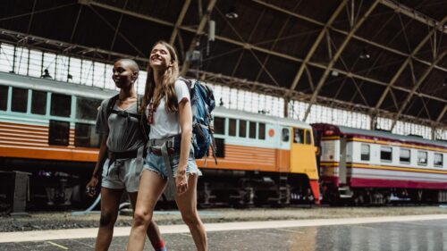 Adventurous Women at Railway Station Travel 4K Desktop Wallpaper
