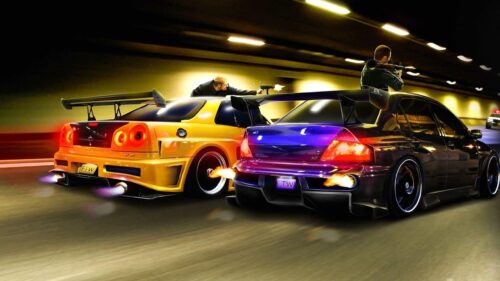 Aggressive Modified Tuner Car with Neon Glow Night City Lights 4K Desktop Wallpaper