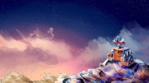 Wall-E and Eve Holding Hands Under the Stars Minimalist Art 4K Desktop Wallpaper