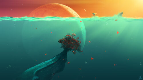 Surreal Underwater Whale with Floating Autumn Tree PC Wallpaper