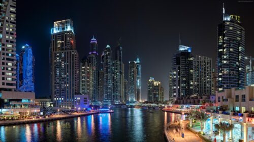 Stunning Night View of Dubai Marina Skyscrapers 4K Desktop Wallpaper