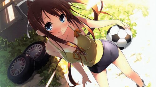 Cute Anime Girl with Soccer Ball Summer Outdoor Scene 4K Wallpaper