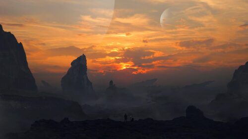 Epic Alien Planet Landscape with Silhouetted Explorer PC Wallpaper