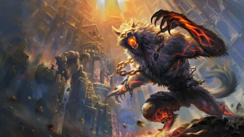 Ferocious Lava Werewolf Unleashed in Ruined City Desktop Wallpaper