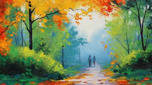 Oil Painting Autumn Park Walkway with Couple 4K Wallpaper