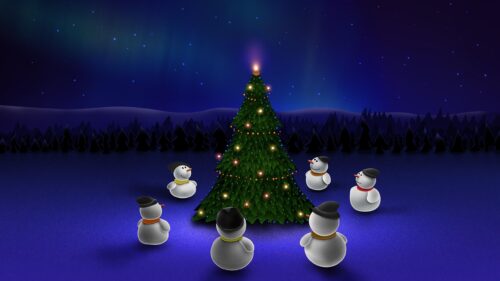Cute Snowmen Dancing Around a Glowing Christmas Tree Desktop Wallpaper
