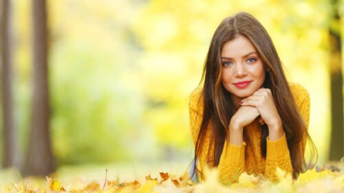 Beautiful Young Woman in Yellow Sweater Autumn Park Desktop Wallpaper