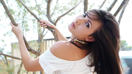 Beautiful Young Woman in White Blouse Under Nature Tree PC Wallpaper